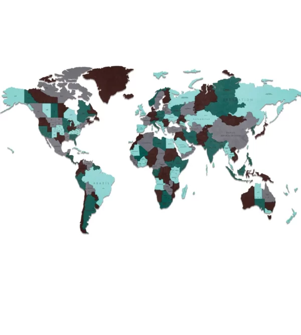 Puinen maailmankartta 127 kappaletta, erikokoisia, ripustettu puinen maailmankartta