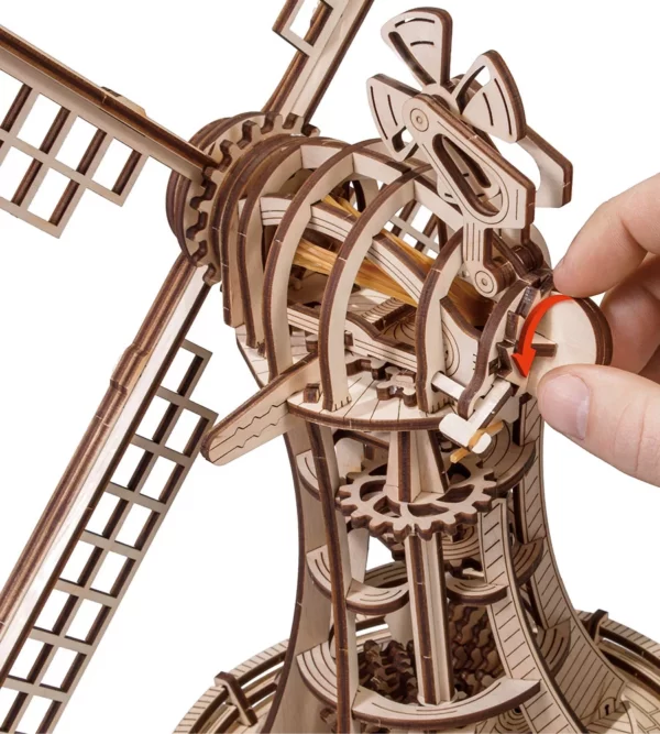 Mechanické drevené puzzle 3D veterný mlyn, 227 dielikov s pružným motorčekom