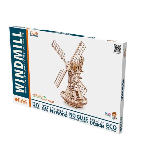 Mechanické drevené puzzle 3D veterný mlyn, 227 dielikov s pohyblivou prednou časťou
