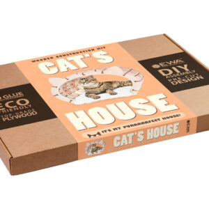 Kočičí dům 3D dřevěné puzzle Barva dřeva Příroda/bílá srst 152 dílků boční pohled krabice vpředu