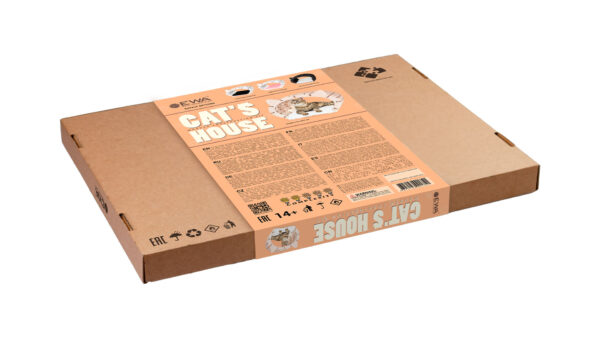 Kočičí dům 3D Puzzle dřevěné barevné dřevo příroda/bílá srst 152 dílků boční pohled krabice zpět