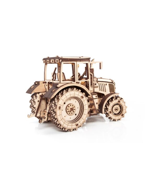 Puzzle tractor mecánico 3D con mecanismo de giro del volante y motor con vista trasera