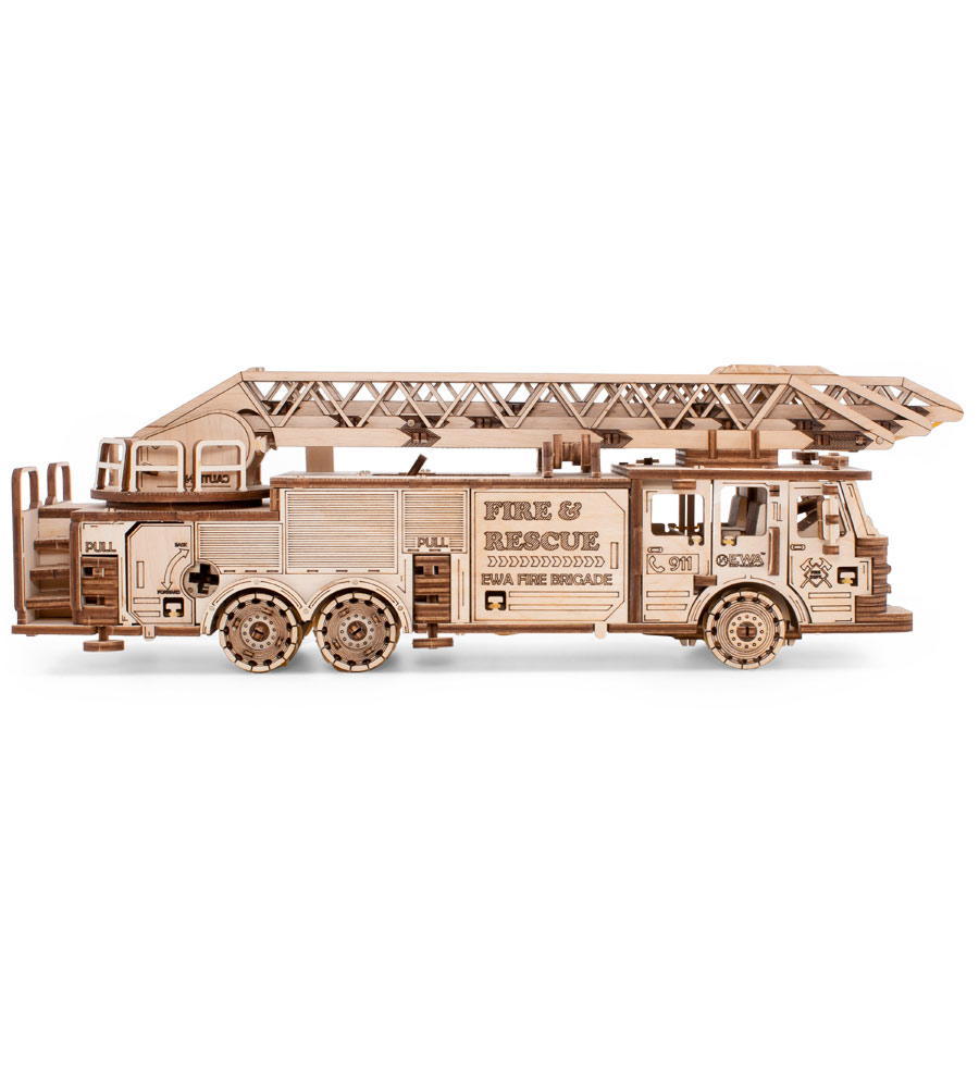 Wooden Mechanical Fire Truck Model 3D, 439 pieces