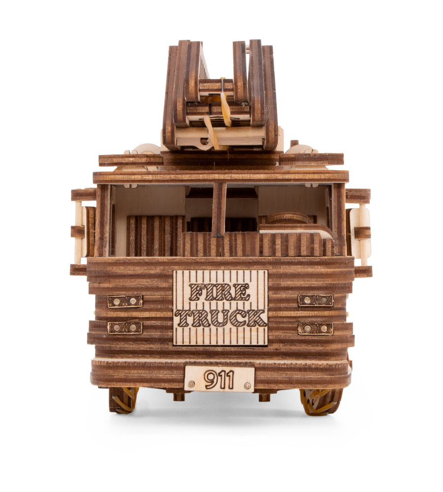 Wooden Mechanical Fire Truck Model 3D, 439 pieces